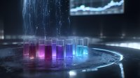 Glowing laboratory test tubes with colorful liquid samples arranged in sequence on reflective surface, illuminated by ethereal light streams in dark scientific setting.