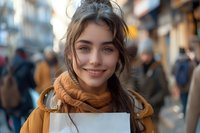 Young woman with natural makeup and bright smile wearing yellow winter jacket and scarf, holding shopping bag against blurred urban background. Perfect for lifestyle and retail advertising.