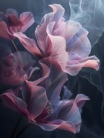 Delicate pink petals of blooming flowers with translucent texture against dark background, surrounded by ethereal smoke creating dreamy atmospheric composition.