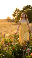 Young woman with long reddish-brown hair wearing yellow sundress walking through wildflower meadow at golden hour sunset, surrounded by purple and red blooms.