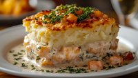 Layered salmon potato gratin with herbs and cheese on white plate. Gourmet seafood casserole dish ready to serve for dinner or special occasion meal.
