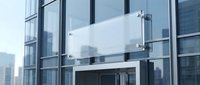 Modern blank white signage mockup on glass office building facade for corporate branding and advertising display in urban business district.