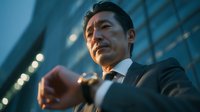 Professional Asian businessman in dark suit checking time on wristwatch against modern glass building backdrop during evening hours for corporate success concepts.