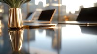 Elegant gold metallic vase with green plant on reflective glass conference table in modern office space with laptops and city view background. Luxury business interior.