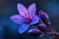 Purple wildflower petals with morning dew drops against dark blue background, macro photography showing delicate details and water droplets on flower surface.