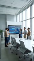 Business team analyzing data analytics on large screen in modern conference room with diverse professionals collaborating on financial charts and graphs.