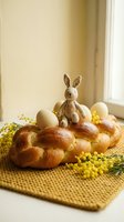 Easter braided bread with bunny toy and eggs on woven placemat near window, traditional holiday baking and spring celebration decoration.