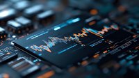 Financial market data visualization with glowing blue and orange trading charts on dark digital screens, showing stock price movements and analytics.