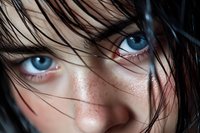 Intense close-up of piercing blue eyes with wet dark hair strands falling across face, showing natural freckles and dewy skin texture in dramatic lighting.