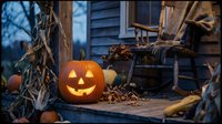 Glowing jack-o-lantern pumpkin on rustic wooden porch with autumn decorations, corn stalks and fallen leaves creating cozy Halloween atmosphere at dusk.
