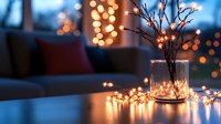Cozy winter evening atmosphere with fairy lights and glass vase on wooden table, warm bokeh lights creating magical holiday ambiance in living room setting.