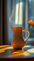 Steaming ceramic pitcher in warm morning light casting long shadows on wooden table, with soft window glow and orange bokeh highlights in background.