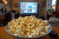 Bowl of fresh buttered popcorn on wooden table with television in background, perfect for movie night entertainment at home.