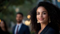 Young African American businesswoman with natural curly hair and gold earrings smiling confidently at evening corporate event, with blurred colleagues in background.