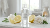 Lemon and peony fragrance oil bottle surrounded by fresh lemon slices and white peony flowers on white surface with spa background for cosmetic and wellness product marketing.