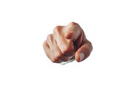 Pointing finger gesture on isolated white background, dramatic lighting emphasizes human hand detail and skin texture. For business communication concepts.