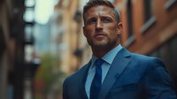 Confident Caucasian businessman in blue suit and tie looking ahead with determined expression against urban background. Professional corporate portrait.