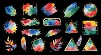 Watercolor paint splashes and geometric shapes in vibrant rainbow colors, isolated on transparent background. Ready for t-shirt design, clipart, stickers, sublimation, print-on-demand products and digital crafts.