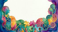 Mental health awareness concept with colorful brain silhouettes, puzzle pieces, and diverse people figures on watercolor background. Suitable for psychology, wellness, and mental health campaigns.