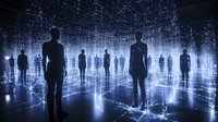 Silhouettes of people standing in futuristic digital space with glowing grid lines and light effects creating immersive virtual reality environment.