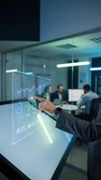 Businessman using futuristic holographic interface with financial data charts and analytics in modern office environment for business presentations.