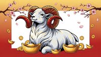 White ram with curved horns sitting among golden coins and cherry blossoms on warm gradient background. Chinese zodiac sheep symbol for lunar new year celebrations.
