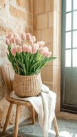 Fresh pink tulips in woven basket on wooden stool near window, rustic stone wall background with soft natural lighting and white knit throw blanket.