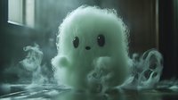 Cute ghost character with fluffy white ethereal form and expressive eyes surrounded by swirling mist, suitable for Halloween designs, children's illustrations, and fantasy animations.