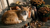 Orange tabby cat relaxing on wicker chair with autumn chrysanthemums and fall decorations on rustic porch creating cozy seasonal atmosphere.