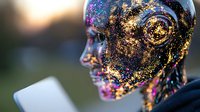 Futuristic android head covered in iridescent glitter and metallic particles catching sunset light, profile view against blurred background. Artificial intelligence concept.