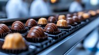 Artisanal chocolate truffles and pralines on display, dark and milk chocolate bonbons with elegant shapes in professional confectionery presentation.