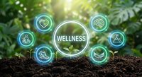 Wellness concept with glowing icons surrounding central logo on natural green background. Health, meditation, balance symbols for holistic lifestyle branding.