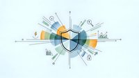 Cybersecurity shield protection concept with digital icons radiating outward on clean background for business technology presentations.