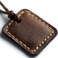 Handcrafted brown leather tag with decorative stitching and cord detail shown in macro photography against white background, highlighting texture and craftsmanship.