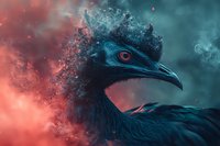 Mystical black bird with glowing red eye against dramatic smoky background in teal and coral colors, artistic wildlife photography with particle effects.