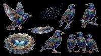 Hummingbird and starling birds isolated on transparent background, ready for t-shirt design, clipart, stickers, sublimation and print-on-demand products.