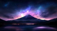 Majestic mountain peak under cosmic aurora sky with vibrant purple and blue colors reflecting in calm lake water, city lights glowing along shoreline at night.