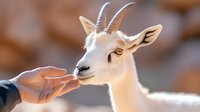 Young white antelope gently touching human hand in sunlight, showing tender interaction between wildlife and person, soft bokeh background creates dreamy atmosphere.