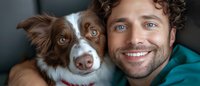 Happy young Caucasian man with curly hair embracing his brown and white Border Collie dog, both looking at camera with joyful expressions in cozy indoor setting.