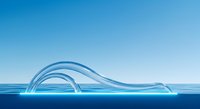 Transparent water wave forming car silhouette shape against blue sky and ocean, representing eco-friendly automotive and sustainable transportation concepts.