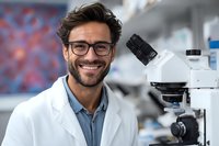 Smiling male scientist with glasses and beard in laboratory with microscope and research equipment in background.