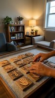 Hands arranging wooden tactile symbols on board in cozy living room for sensory learning and accessibility education activities.