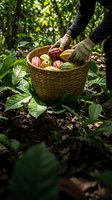Farmer harvesting fresh cacao pods in wicker basket on plantation. Hands in gloves collecting ripe cocoa fruits among green tropical foliage for chocolate production.