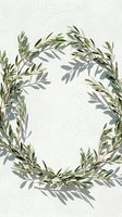 Olive branch wreath with soft shadows on a textured white wall, minimal botanical decor for wedding, greeting card, or nature design.