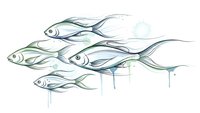 School of fish swimming in formation with watercolor splashes and flowing lines on white background for marine design projects.