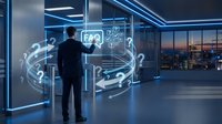 Businessman interacting with holographic interface displaying question marks in modern office with city view at dusk for business decision making.