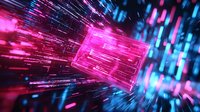 Glowing pink rectangular portal with streaming light trails against blue digital background creates futuristic cyberpunk atmosphere for technology concepts.