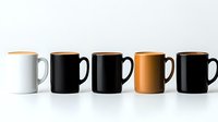 Row of five ceramic coffee mugs in white, black and brown colors arranged in minimalist composition against light background, modern design for cafe branding.