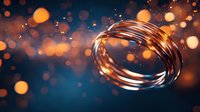 Elegant copper wire spiral floating in dark blue space with glowing orange bokeh lights and sparkles creating magical atmospheric background effect.