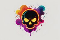 Black skull with glowing yellow eyes on colorful rainbow heart background with dripping paint effect and neon outline, artistic design on light gray surface.